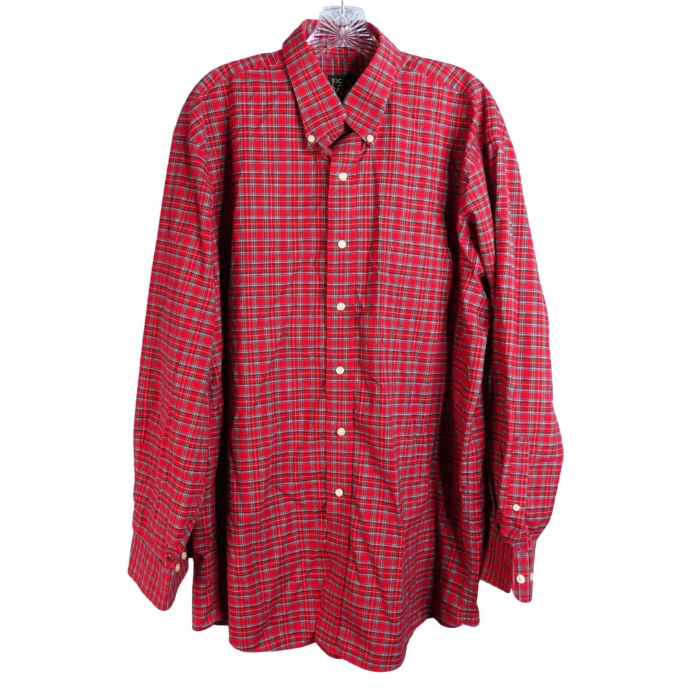JOS A BANK Red Plaid Button-Up Shirt TRAVELER'S COLLECTION All Cotton Oxford L